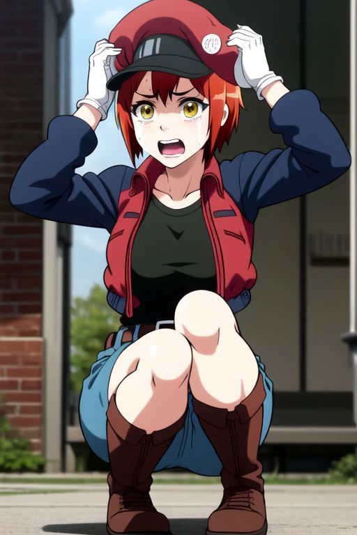 <lora:red blood cell ae3803 s1-lora-nochekaiser:1>, red blood cell ae3803, short hair, hair between eyes, (yellow eyes), ahoge, red hair, shirt, gloves, hat, jacket, belt, white gloves, black shirt, denim, shorts, mini shorts, red headwear, red jacket, jeans, cabbie hat,
BREAK dynamic pose, action pose, (((sit, sitting, footwear, hand on knees, hand on head, looking to knee))),
BREAK alley, dark alley, buldings,
BREAK cry, tears, crying, sad, (cowboy shot),
BREAK front view, dynamic angle, dutch angle,
BREAK (masterpiece, best quality, ultra detailed), (perfect face, detailed face, detailed eyes,perfect hands,perfect fingers), 8k wallpaper, Beautiful Finger, Beautiful body, Beautiful character design, perfect face, perfect balance, official art, extremely detailed CG unity 8k wallpaper, ultra high res,4K,ultra-detailed, photography, 8K, HDR, highres, absurdres:1.2, Kodak portra 400, bokeh, lens flare, professional photograph, (vibrant_color:1.2),(beautiful_face:1.2), notably long eyelashes