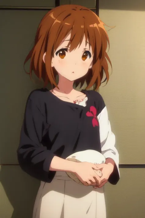 anime girl with brown hair and black shirt holding a white bowl