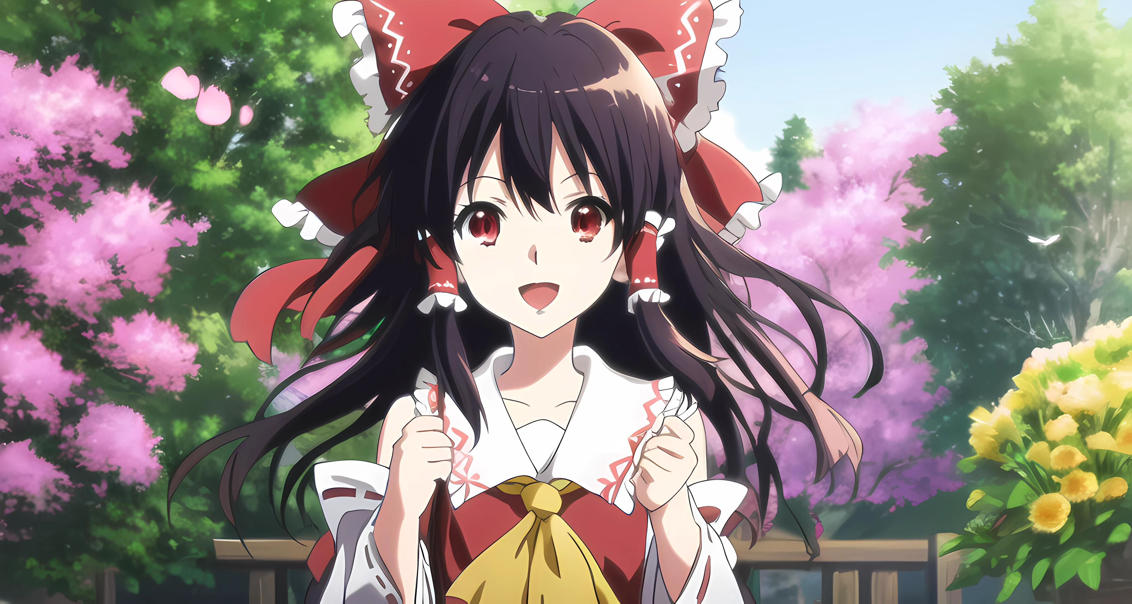 <lora:kyoto animation_artstyle_LoCon:1.1>, hakurei reimu, ((anime screencap)), kyoto animation screencap, 1girl, hair ribbons, black hair, very long hair, red eyes, bird, flower, fluff, solo, blunt ends, hair blowing, at the middle, smile, open mouth,