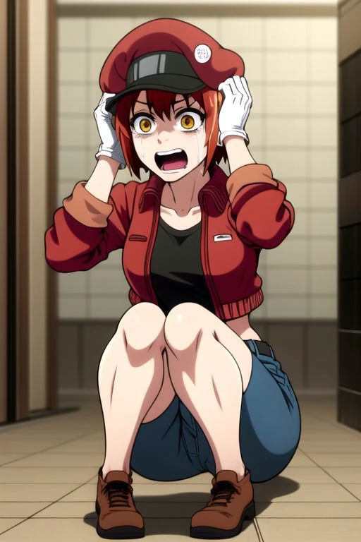 <lora:red blood cell ae3803 s1-lora-nochekaiser:1>, red blood cell ae3803, short hair, hair between eyes, (yellow eyes), ahoge, red hair, shirt, gloves, hat, jacket, belt, white gloves, black shirt, denim, shorts, mini shorts, red headwear, red jacket, jeans, cabbie hat,
BREAK dynamic pose, action pose, (((sit, sitting, footwear, hand on knees, hand on head, looking to knee))),
BREAK alley, dark alley, buldings,
BREAK cry, tears, crying, sad, (cowboy shot),
BREAK front view, dynamic angle,
BREAK (masterpiece, best quality, ultra detailed), (perfect face, detailed face, detailed eyes,perfect hands,perfect fingers), 8k wallpaper, Beautiful Finger, Beautiful body, Beautiful character design, perfect face, perfect balance, official art, extremely detailed CG unity 8k wallpaper, ultra high res,4K,ultra-detailed, photography, 8K, HDR, highres, absurdres:1.2, Kodak portra 400, bokeh, lens flare, professional photograph, (vibrant_color:1.2),(beautiful_face:1.2), notably long eyelashes