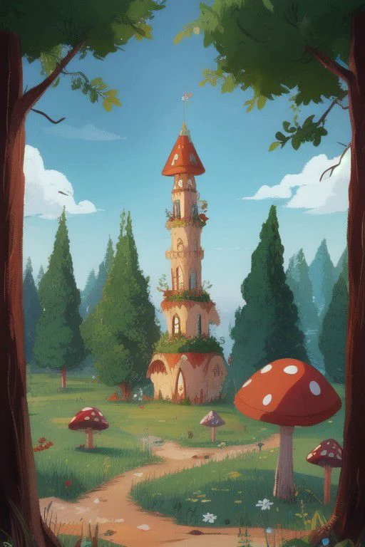Alice in Wonderland theme, the mushroom tower, falling down, in the woods, no humans