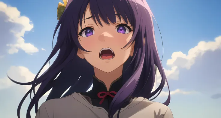 anime girl with purple hair and purple eyes looking surprised