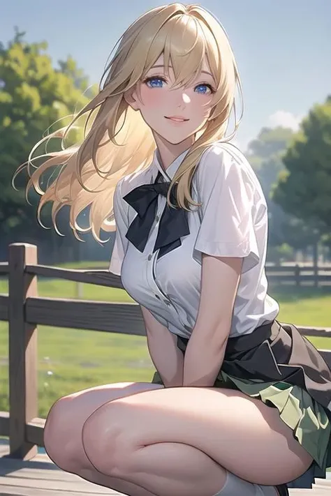 anime girl sitting on a bench in a park with a green field