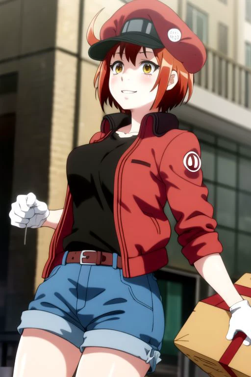 <lora:red blood cell ae3803 s1-lora-nochekaiser:1>, red blood cell ae3803, short hair, hair between eyes, (yellow eyes), ahoge, red hair, shirt, gloves, hat, jacket, belt, white gloves, black shirt, denim, denim shorts, mini shorts, red headwear, red jacket, jeans, cabbie hat,
BREAK dynamic pose, action pose, (unaligned breasts, bouncing breasts, motion lines, motion blur), running, (((holding package, holding box, carring a box, carring a package))),
BREAK alley, dark alley, buldings,
BREAK looking at viewer, happy, blushing, sweet smile, cute smile, (cowboy shot),
BREAK front view, dynamic angle, dutch angle,
BREAK (masterpiece, best quality, ultra detailed), (perfect face, detailed face, detailed eyes,perfect hands,perfect fingers), 8k wallpaper, Beautiful Finger, Beautiful body, Beautiful character design, perfect face, perfect balance, official art, extremely detailed CG unity 8k wallpaper, ultra high res,4K,ultra-detailed, photography, 8K, HDR, highres, absurdres:1.2, Kodak portra 400, bokeh, lens flare, professional photograph, (vibrant_color:1.2),(beautiful_face:1.2), notably long eyelashes