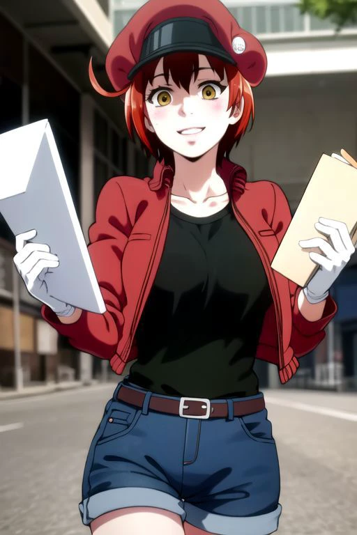 <lora:red blood cell ae3803 s1-lora-nochekaiser:1>, red blood cell ae3803, short hair, hair between eyes, (yellow eyes), ahoge, red hair, shirt, gloves, hat, jacket, belt, white gloves, black shirt, denim, denim shorts, mini shorts, red headwear, red jacket, jeans, cabbie hat,
BREAK dynamic pose, action pose, (unaligned breasts, bouncing breasts, motion lines, motion blur), running, (((holding package, holding box, carring a box, carring a package))),
BREAK alley, dark alley, buldings,
BREAK looking at viewer, happy, blushing, sweet smile, cute smile, (cowboy shot),
BREAK front view, dynamic angle, dutch angle,
BREAK (masterpiece, best quality, ultra detailed), (perfect face, detailed face, detailed eyes,perfect hands,perfect fingers), 8k wallpaper, Beautiful Finger, Beautiful body, Beautiful character design, perfect face, perfect balance, official art, extremely detailed CG unity 8k wallpaper, ultra high res,4K,ultra-detailed, photography, 8K, HDR, highres, absurdres:1.2, Kodak portra 400, bokeh, lens flare, professional photograph, (vibrant_color:1.2),(beautiful_face:1.2), notably long eyelashes