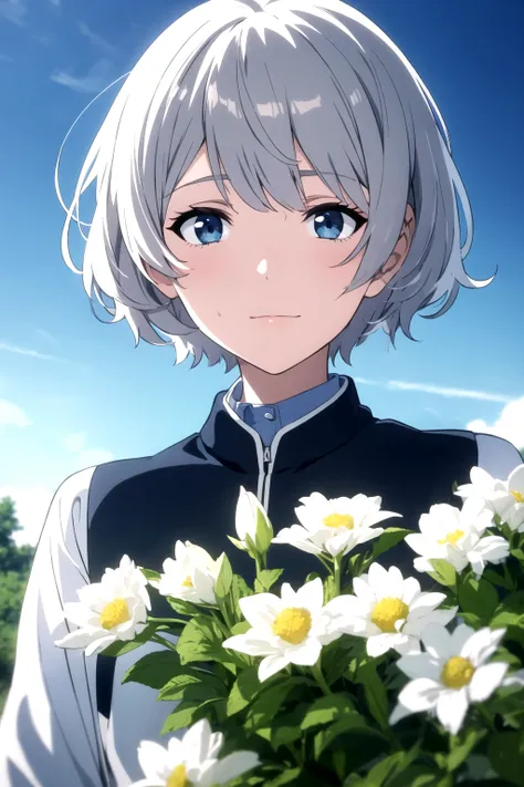 a woman with white hair and blue eyes holding flowers