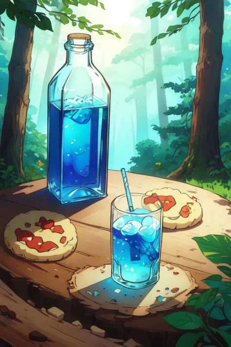 a cartoon picture of a bottle of water and a pizza on a table