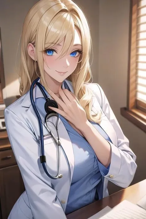 a woman in a blue shirt and a stethoscope sitting at a desk