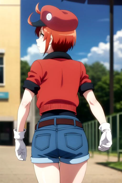 <lora:red blood cell ae3803 s1-lora-nochekaiser:1>, red blood cell ae3803, short hair, hair between eyes, ahoge, red hair, shirt, gloves, hat, jacket, belt, white gloves, black shirt, denim, shorts, mini shorts, red headwear, red jacket, jeans, cabbie hat,
BREAK (back view, full body, footwear, boots, walking, butt, small butt, butt focus), 
BREAK (cowboy shot),
BREAK (masterpiece, best quality, ultra detailed), (perfect face, detailed face, detailed eyes,perfect hands,perfect fingers), 8k wallpaper, Beautiful Finger, Beautiful body, Beautiful character design, perfect face, perfect balance, official art, extremely detailed CG unity 8k wallpaper, ultra high res,4K,ultra-detailed, photography, 8K, HDR, highres, absurdres:1.2, Kodak portra 400, bokeh, lens flare, professional photograph, (vibrant_color:1.2),