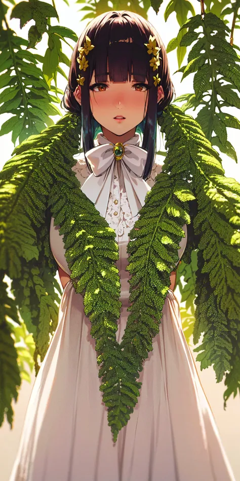 anime girl with green leaves and a bow tie standing in front of a tree