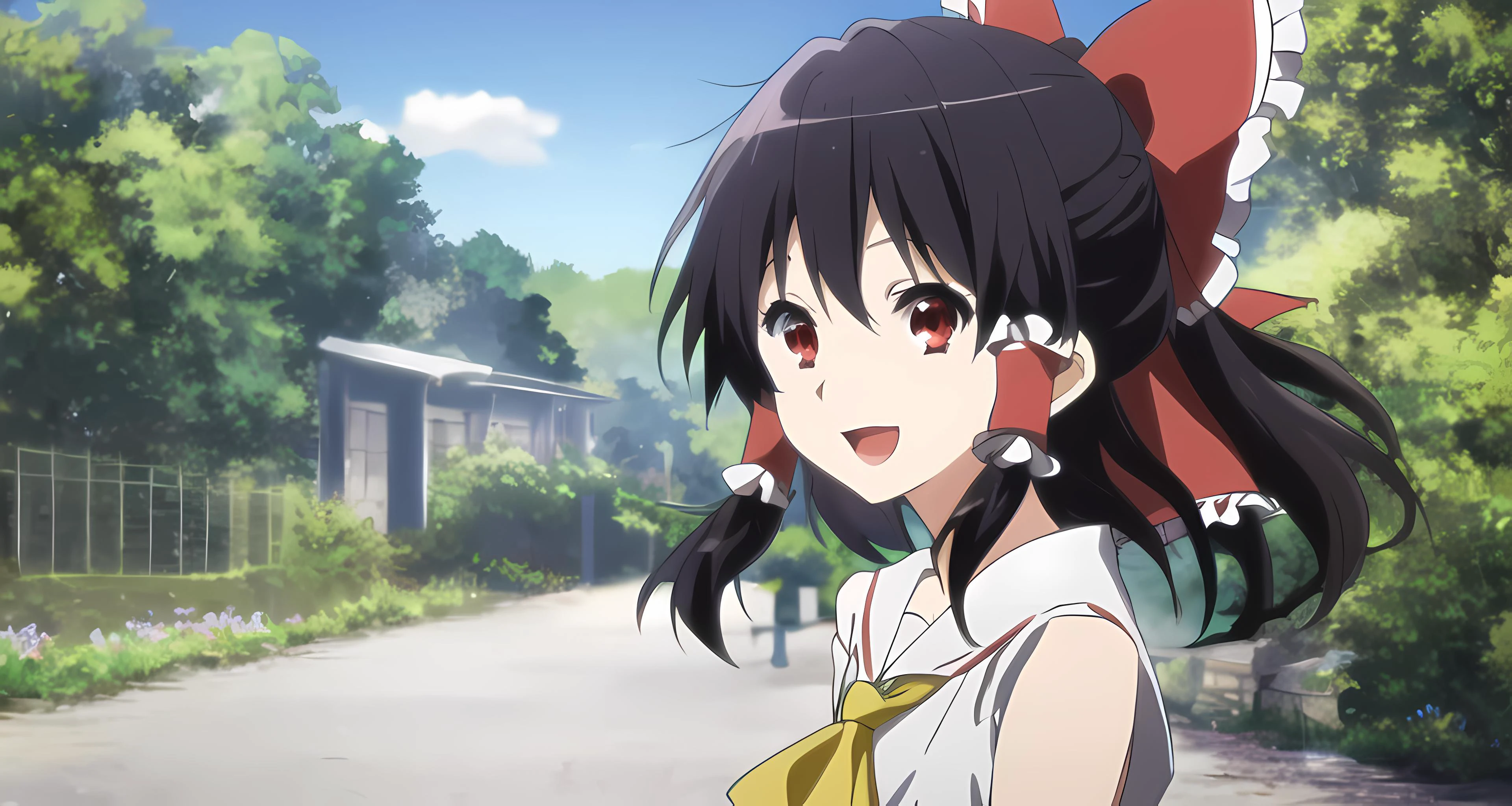 <lora:kyoto animation_artstyle_LoCon:1.1>, hakurei reimu, ((anime screencap)), kyoto animation screencap, 1girl, hair ribbons, black hair, very long hair, red eyes, bird, flower, fluff, solo, blunt ends, hair blowing, at the middle, smile, open mouth, arms behind back