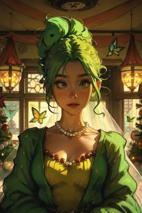 a woman in a green dress and a green hair with a butterfly on her head