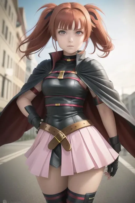 <lora:fateTestarossaHarlaownMagicalGirlLyrical_v10:1> 1girl,cape,belt,miniskirt,pink skirt,thighhighs, proportional eyes, (realistic:1.5), extremely detailed, hyper detailed, soft lighting, detailed background, extreme detail background, sharp details, beautiful face, symmetrical eyes, short red hair, short hair, red hair, green eyes, woman, high quality,