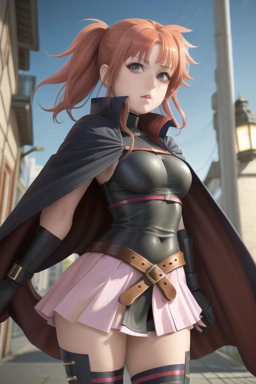 <lora:fateTestarossaHarlaownMagicalGirlLyrical_v10:1> 1girl,cape,belt,miniskirt,pink skirt,thighhighs, proportional eyes, (realistic:1.5), extremely detailed, hyper detailed, soft lighting, detailed background, extreme detail background, sharp details, beautiful face, symmetrical eyes, short red hair, short hair, red hair, green eyes, woman, high quality,