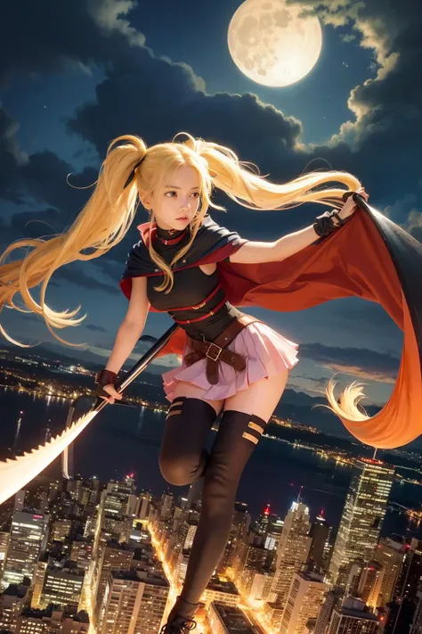 masterpiece, best quality,night,moon,cloudy sky,wind,(a photo of a flying girl:1.2),holding  scythe,1girl,(mature female:1.2),blonde hair,twintails,cape,belt,miniskirt, pink skirt,thighhighs,