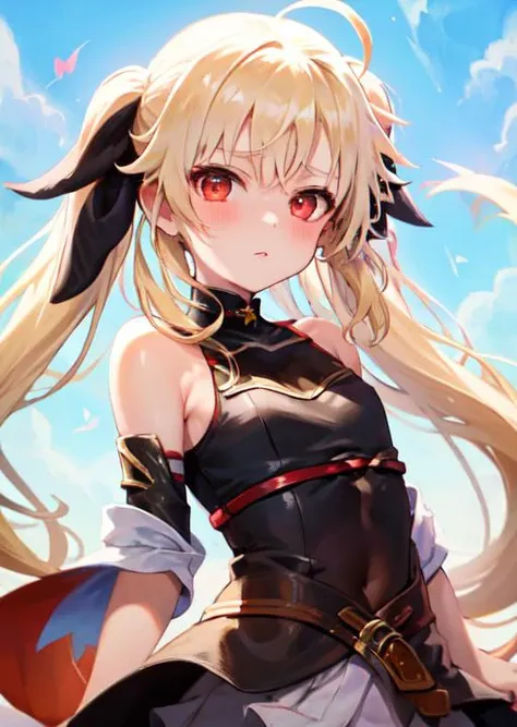 masterpiece, best quality, super fine illustration, an extremely cute girl, highly detailed beautiful face, looking at viewer, <lora:fateTestarossaHarlaownMagicalGirlLyrical_v10:1.0>, 1girl, belt, closeup, looking at viewer, 4k, (lumine, ying, /genshin impact/), high res, upper body, long hair, long twintail, ribbon, red eyes, hair in front eyes, fate Testarossa, yellow hair, kimono, black kimono, blush, shy, hiding hand,
