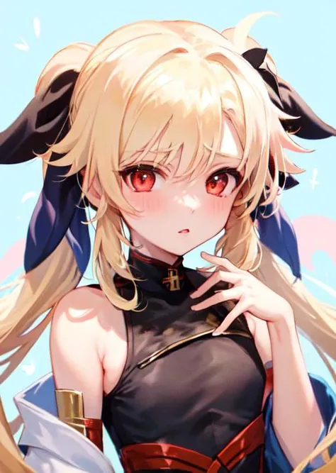 masterpiece, best quality, super fine illustration, an extremely cute girl, highly detailed beautiful face, looking at viewer, <lora:fateTestarossaHarlaownMagicalGirlLyrical_v10:1.0>, 1girl, belt, closeup, looking at viewer, 4k, (lumine, ying, /genshin impact/), high res, upper body, long hair, long twintail, ribbon, red eyes, hair in front eyes, fate Testarossa, yellow hair, kimono, black kimono, blush, shy, hiding hand, moaning