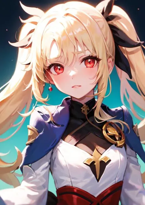 masterpiece, best quality, super fine illustration, an extremely cute little girl, highly detailed beautiful face, looking at viewer, <lora:fateTestarossaHarlaownMagicalGirlLyrical_v10:1.0>, 1girl, belt, closeup, looking at viewer, 4k, (lumine, ying, /genshin impact/), high res, upper body, long hair, long twintail, ribbon, red eyes, hair in front eyes, fate Testarossa, yellow hair, white dress,