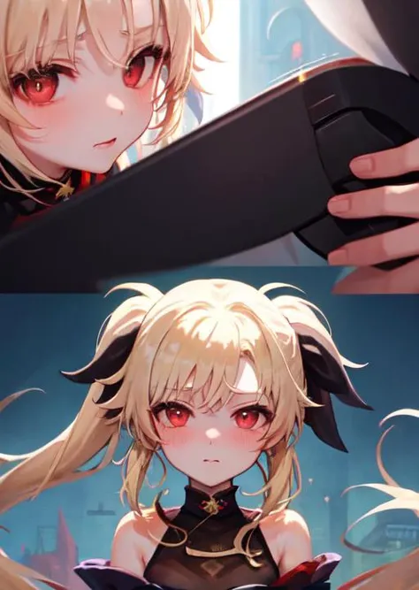 masterpiece, best quality, super fine illustration, an extremely cute little girl, highly detailed beautiful face, looking at viewer, <lora:fateTestarossaHarlaownMagicalGirlLyrical_v10:1.0>, 1girl, belt, closeup, looking at viewer, 4k, (lumine, ying, /genshin impact/), high res, upper body, long hair, long twintail, ribbon, red eyes, hair in front eyes, fate Testarossa, yellow hair, kimono, black kimono, blush, shy, hiding hand, moaning, nsfw,