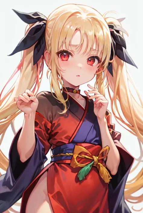 masterpiece, best quality, super fine illustration, an extremely cute little girl, highly detailed beautiful face, looking at viewer, 1girl, belt, closeup, looking at viewer, 4k, high res, faces only, long hair, long twintail, ribbon, red eyes, hair in front eyes, fate Testarossa, yellow hair, kimono, black kimono, hiding hand, nsfw, random ekspresion, random pose,