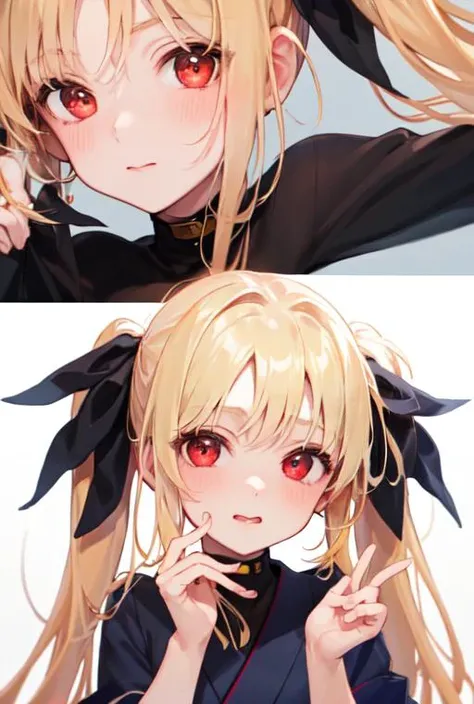 masterpiece, best quality, super fine illustration, an extremely cute girl, highly detailed beautiful face, looking at viewer, 1girl, belt, closeup, looking at viewer, 4k, high res, faces only, long hair, long twintail, ribbon, red eyes, hair in front eyes, fate Testarossa, yellow hair, kimono, black kimono, hiding hand, nsfw, random ekspresion, random pose,