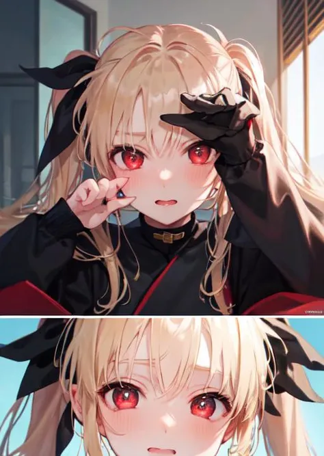 masterpiece, best quality, super fine illustration, an extremely cute girl, highly detailed beautiful face, looking at viewer, 1girl, belt, closeup, looking at viewer, 4k, high res, faces only, long hair, long twintail, ribbon, red eyes, hair in front eyes, fate Testarossa, yellow hair, kimono, black kimono, hiding hand, nsfw, random ekspresion, random pose,
