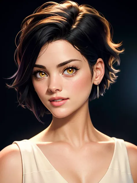 Realistic photo of a beautiful j41m134 woman,1girl,solo,looking at viewer,short hair,black hair,jewelry,yellow eyes,earrings,parted lips,teeth,lips,portrait,realistic,soft lighting, professional Photography, Photorealistic, detailed, RAW, analog, sharp focus, 8k, HD, high quality, masterpiece<lora:j41m134:1.0>