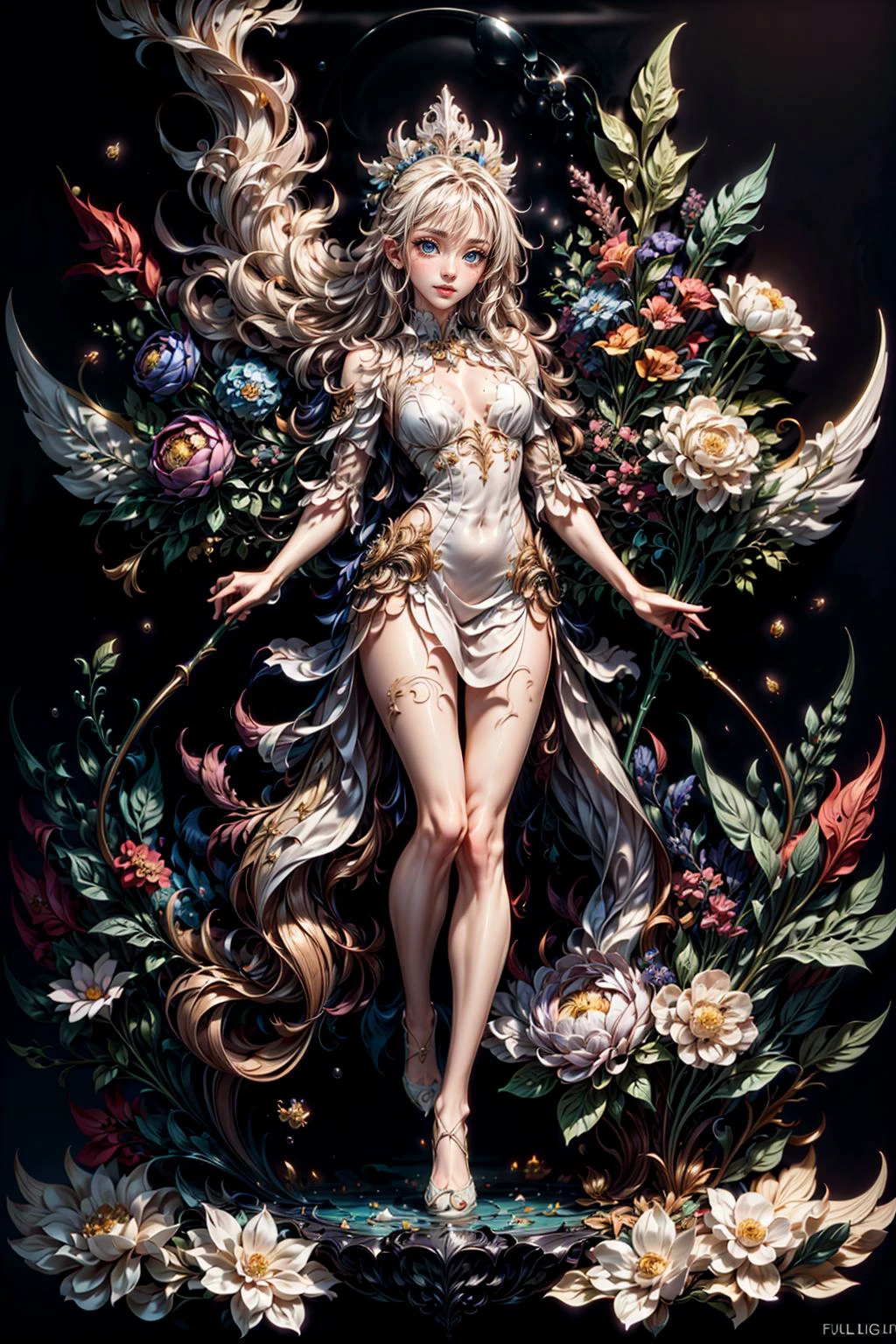 ((full body shot))modelshoot style, gorgeous face, (detailed facial features), blue eyes,(big eyes:1.2), long light white hair, 22 years old, white dress, wielding a long staff, flowers, forest,(((floating))),fantasy, sexy, intricate, flowing, elegant, white magic, cleric, high spirituality, best quality masterpiece, photorealistic, HDR, shallow depth of field, broad light, high contrast, backlighting, bloom, light sparkles, chromatic aberration, sharp focus, RAW color photo, <lora:more_details:1> <lora:wowifierV3:1>,smoke everywhere, <lora:smokeanywhere:0.7> <lora:KK_paperCut_v5:0.7>