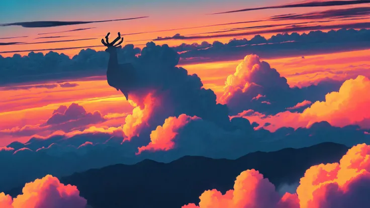 <lora:smokeanywhere:0.6>,high contrast,epic cinematic,hyper detailed,ultra realistic,soft colors,8K,above clouds,sunset,blue sky,(deer shaped clouds),(fish shaped clouds),