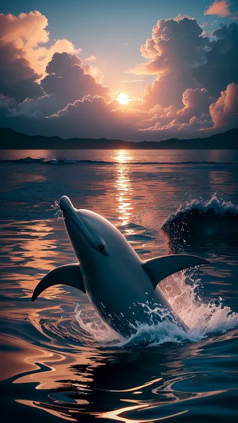 a dolphin coming out of the water,clouds,ocean,rtx,water reflections, <lora:smokeanywhere:1>, smokeanywhere, high contrast, epic cinematic, soft studio lights, rim light,ultra realistic, soft colors, 8K,