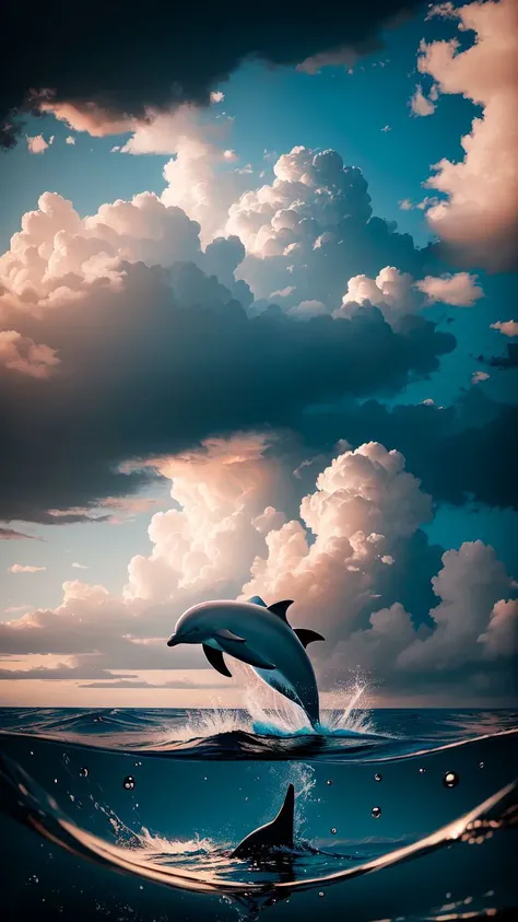a dolphin coming out of the water,clouds,ocean,rtx,water reflections, <lora:smokeanywhere:1>, smokeanywhere, high contrast, epic cinematic, soft studio lights, rim light,ultra realistic, soft colors, 8K,