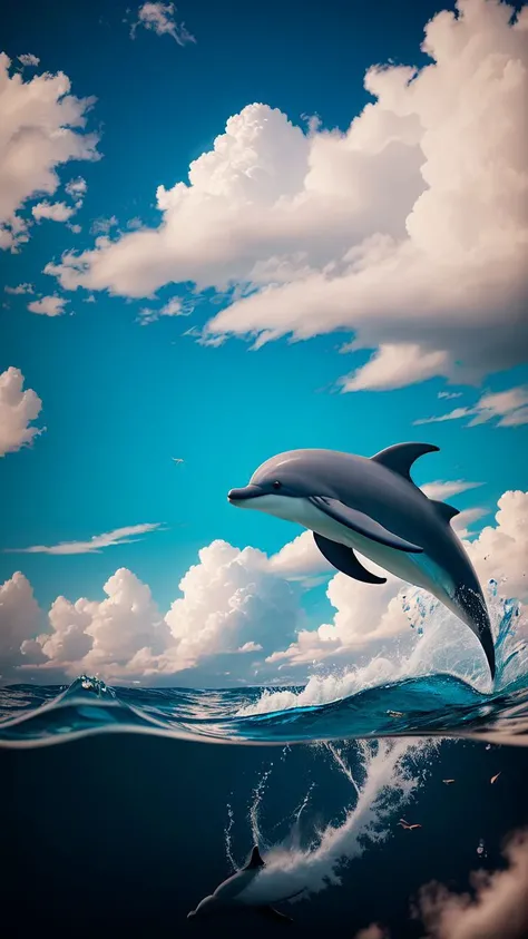 a dolphin coming out of the water,clouds,ocean,rtx,water reflections, <lora:smokeanywhere:1>, smokeanywhere, high contrast, epic cinematic, soft studio lights, rim light,ultra realistic, soft colors, 8K,