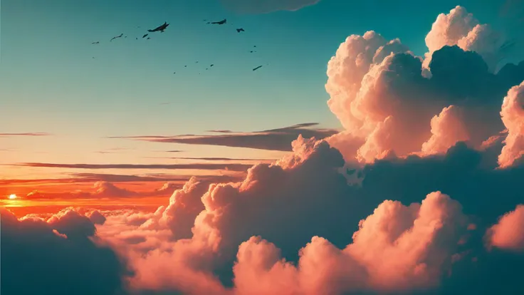<lora:smokeanywhere:0.6>,high contrast,epic cinematic,hyper detailed,ultra realistic,soft colors,8K,above clouds,sunset,blue sky,clouds in the shape of deer and fish,