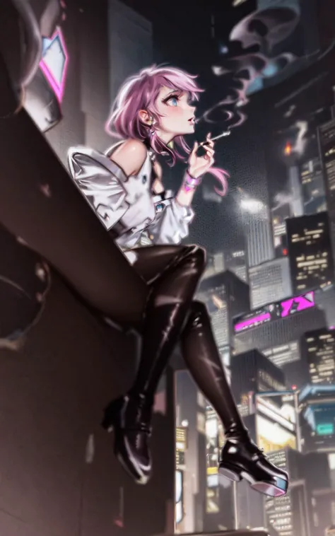 (1girl:0.983),(blue eyes:0.762),(boots:0.618),(breasts:0.51),(building:0.972),(city:0.993),(city lights:0.561),(cityscape:0.992),(earrings:0.892),(jewelry:0.783),(long hair:0.709),(night:0.836),(sitting:0.664),(skyscraper:0.99),(solo:0.641),(thighhighs:0.596),holding a cigarette,<lora:smokeanywhere:1>,smokeanywhere,cyberpunk,pink and purple lights,