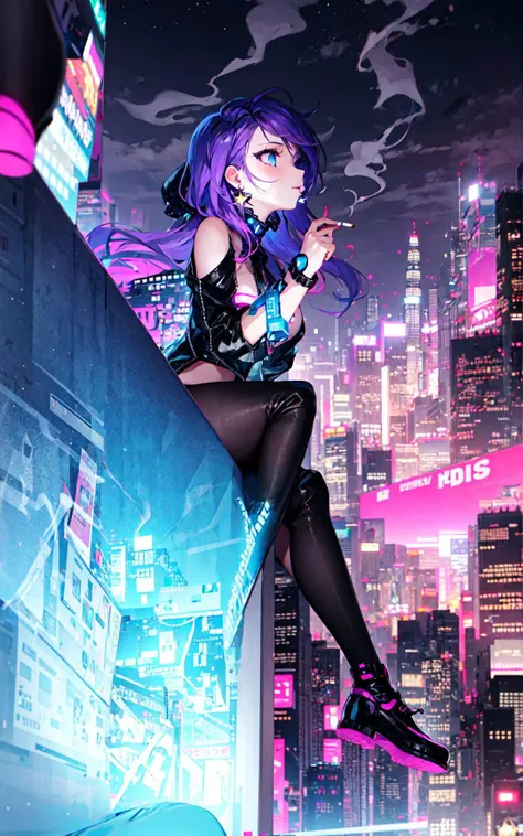 (1girl:0.983),(blue eyes:0.762),(boots:0.618),(breasts:0.51),(building:0.972),(city:0.993),(city lights:0.561),(cityscape:0.992),(earrings:0.892),(jewelry:0.783),(long pink hair:0.709),(night:0.836),(sitting:0.664),(skyscraper:0.99),(solo:0.641),(thighhighs:0.596),holding a cigarette,<lora:smokeanywhere:0.6>,smokeanywhere,cyberpunk,pink and purple lights,<lora:Light and Shadow:0.5>,starry,strry light,night,colorful,cloud,star \(sky\),