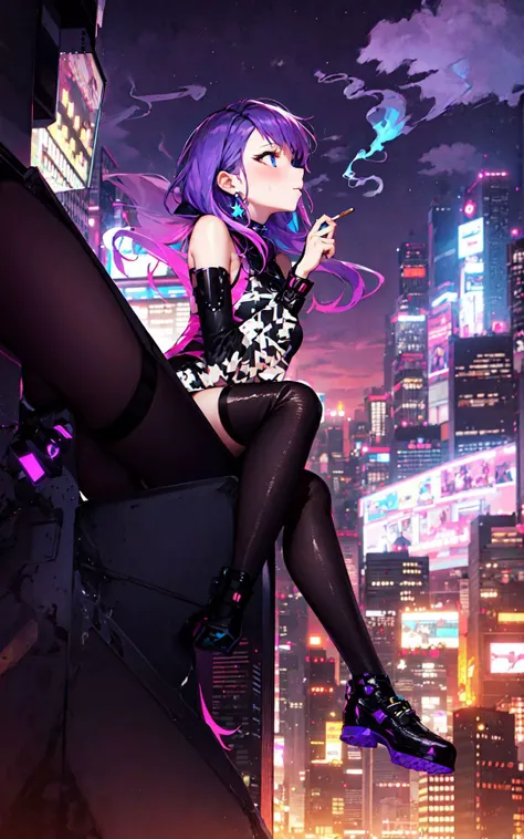 (1girl:0.983),(blue eyes:0.762),(boots:0.618),(breasts:0.51),(building:0.972),(city:0.993),(city lights:0.561),(cityscape:0.992),(earrings:0.892),(jewelry:0.783),(long pink hair:0.709),(night:0.836),(sitting:0.664),(skyscraper:0.99),(solo:0.641),(thighhighs:0.596),holding a cigarette,<lora:smokeanywhere:0.6>,smokeanywhere,cyberpunk,pink and purple lights,<lora:Light and Shadow:0.5>,starry,strry light,night,colorful,cloud,star \(sky\),