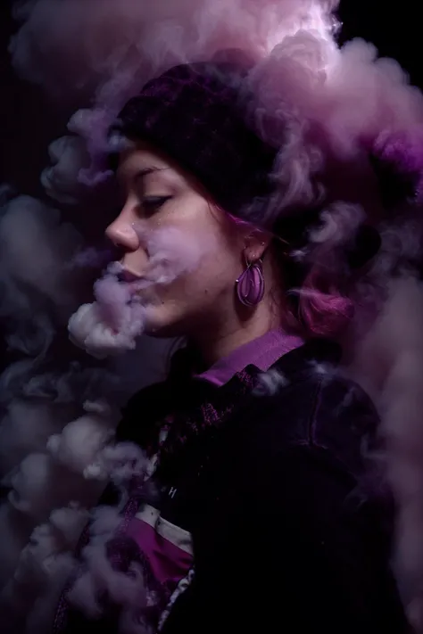 <lora:smokeanywhere:0.9> <lora:Maz3:0.95> puffy smokeanywhere woman purple, pink highlights, (cinematic:0.5), smoke swirling background