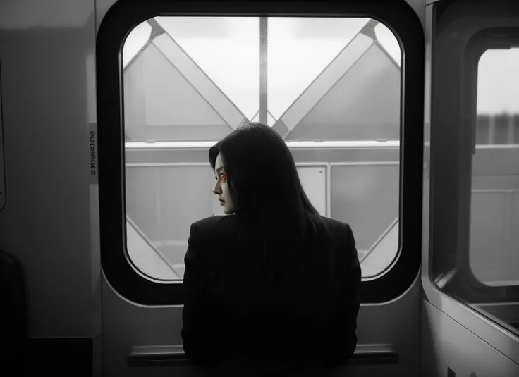 three cornered window, back of head shot of (woman looking out of triangle window:1.1), 3rd person, Looking out the triangular window of a (train:1.1) with triangular windows, triangular windows and triangular, wheels, in a fantasy world,
psychedelic, geometric, vivid light, high contrast, triadic colors, dark shadows, explosions, nuclear mushroom cloud, nuclear explosion, dystopian nightmare,
(beautiful composition),
21 yo woman,