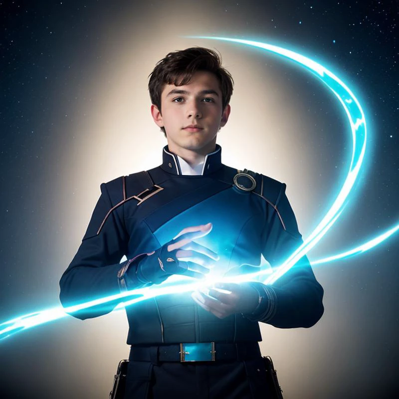 fantasy, (seen from below, looking down at viewer), on mountain peak outcropping, Hologram wizard casting powerful spell, young boy male with dark brown hair hazel eyes, wearing futuristic mage uniform, surrounded by swirling magical azure light streams, detailed skin, bokeh, sharp features