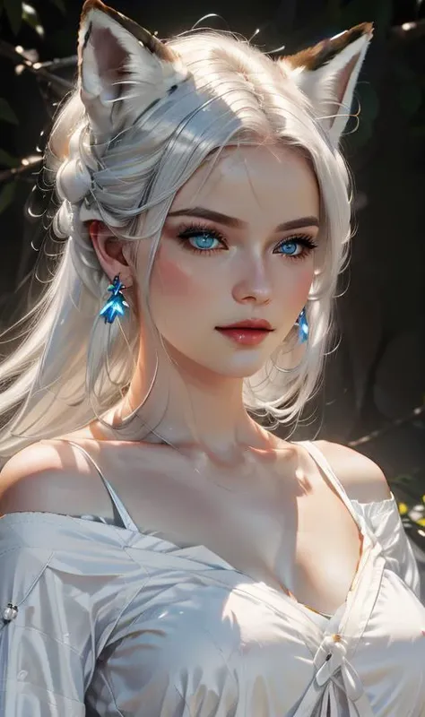 face lighting,bright backlight,medium breasts,super high resolution,best quality,Photos,4k,(Realistic:1.2),huli,1girl,white hair,fox ears,blue eyes,<lora:huli_09:0.8>,