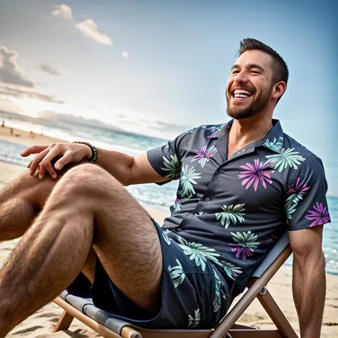 manly, low angle, closeup, hairy chest, bara, laughing, looking at viewer, expressive, legs spread, bulge, sitting in beach chair, (buzzcut, goatee, gray eyes, open patterned hawaiian shirt), smirk, swimming trunks, sandals, leaning back, cord bracelet, beach, chill atmosphere, night, night sky,