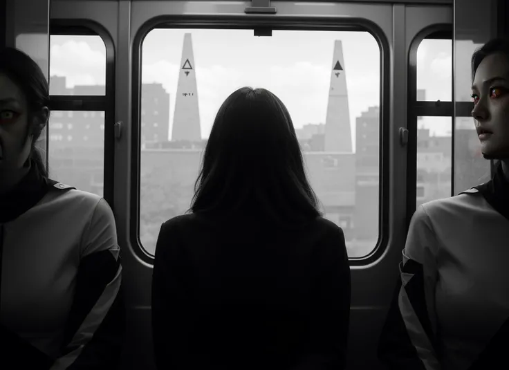 three cornered window, back of head shot of (woman looking out of triangle window:1.1), 3rd person, Looking out the triangular window of a (train:1.1) with triangular windows, triangular windows and triangular, wheels, in a fantasy world,
psychedelic, geometric, vivid light, high contrast, triadic colors, dark shadows, explosions, nuclear mushroom cloud, nuclear explosion, dystopian nightmare,
(beautiful composition),
21 yo woman,