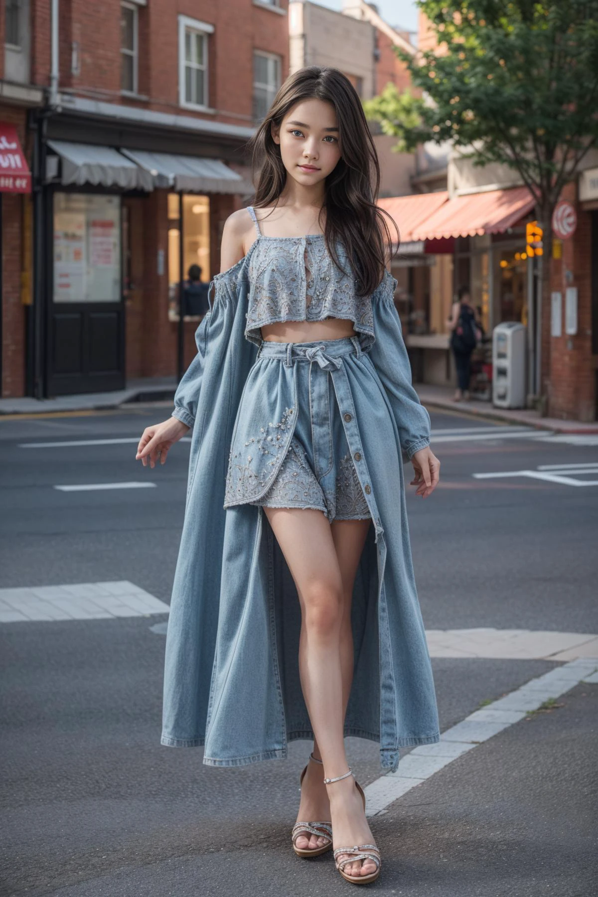 Cute girl, full body, standing, toes, sandals, , breast out, flat chest, SkinHairDetail, <lora:ClothingAdjuster3:-1>, <lora:more_details:0.5>