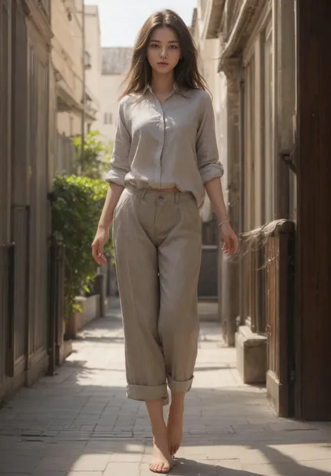 Young cute female model, posing, wearing loose linen pants (ankle length), oxford cotton shirt, full body, barefoot, highheel sandals, <lora:epiCRealismHelper:1>, <lora:more_details:0.5>, SkinHairDetail,, Masterpiece, Hires, Photorealistic, Photogenic, super detailed, beautiful lighting,