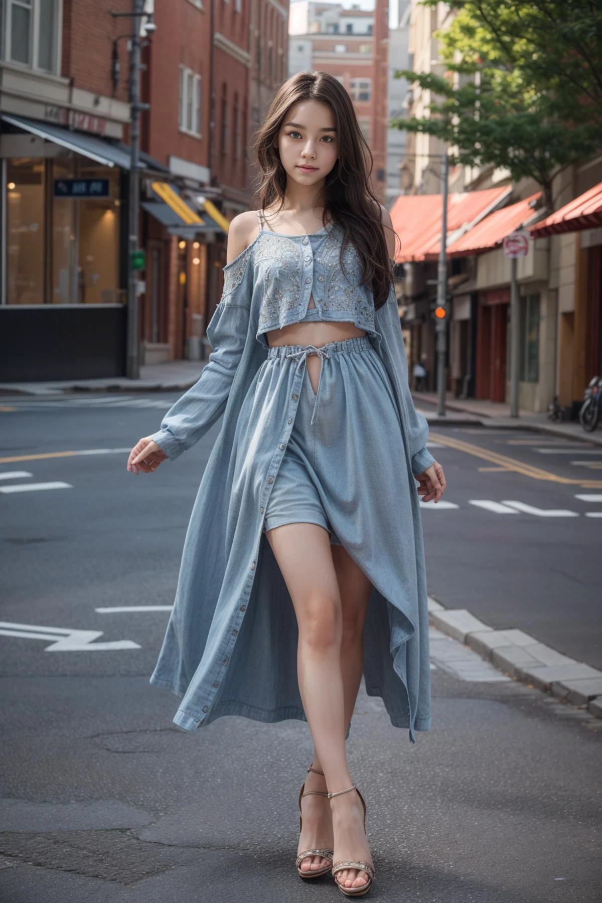 Cute age girl, full body, standing, toes, sandals, , breast out, flat chest, SkinHairDetail, <lora:ClothingAdjuster3:-1>, <lora:more_details:0.5>