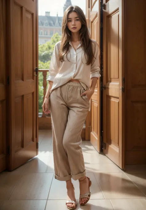 Young cute female model, posing, wearing loose linen pants (ankle length), oxford cotton shirt, full body, barefoot, highheel sandals, <lora:epiCRealismHelper:1>, <lora:more_details:0.5>, SkinHairDetail,, Masterpiece, Hires, Photorealistic, Photogenic, super detailed, beautiful lighting,