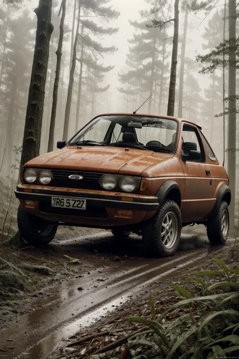 old rusty ford fiesta XR2, car abandoned in the forest full of weeds, haze, ultra-detailed, film photography, light leaks, Larry Bud Melman, trending on artstation, sharp focus, studio photo, intricate details, highly detailed, by greg rutkowski