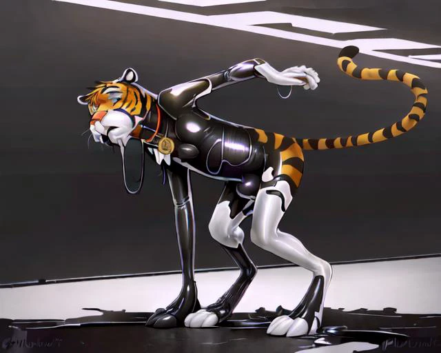 explicit, furry, mane, 4k,( solo, tiger to feral pantherine, feline, male,:1.2) collar, latex, rubber, (goo_transformation, mid_transformation, species_transformation:1.4), (by Plumlucky:1.2), intricate, elegant, highly detailed, centered, grungy, digital painting, artstation, concept art, smooth, sharp focus