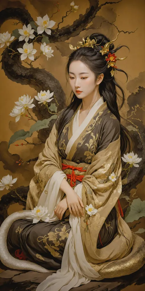 Goldeneast,chinese ink painting,majicmix_style,a goddess gracefully sitting in a calm and meditative posture,her hair is long and declorated with white flowers,her body is shrouded in a gauzy shawl which has the texture of snake skin,centered full body,Perfect Hands,Perfect feet,glowing petals,intense shadows,(best quality,masterpiece:1.3),ultra realistic,UHD,8k wallpaper,cinematic,panorama,dark background,extremely detailed,mythology,ancient,primitive,mythical_vibe,epic_scenary,colorful,Volumetric Lighting,Tyndall effect,<lora:20231230-1703876721187:0.65>,<lora:add-detail-xl:0.7>,<lora:perfect feet:0.65>,