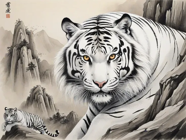 Japanese Style Ink Drawing of ((masterpiece)),best quality, ((illustration)),original,extremely detailed wallpaper,(((beijing opera))), (sketch),(wash painting),((color splashing)),((ink splashing)),((((dyeing)))),((Chinese painting)),((colorful)),(beautiful and delicate mountain),(solo),(Fantasy creatures),((Chinese white tiger)),(solo;1.8),Black markings,(white tiger),((solo)),beautiful and delicate golden eyes,Huge claws,Big and strong,Diabolical,Tyrannica,(mountains), ink drawing, inkwash, Japanese Style Ink Drawing